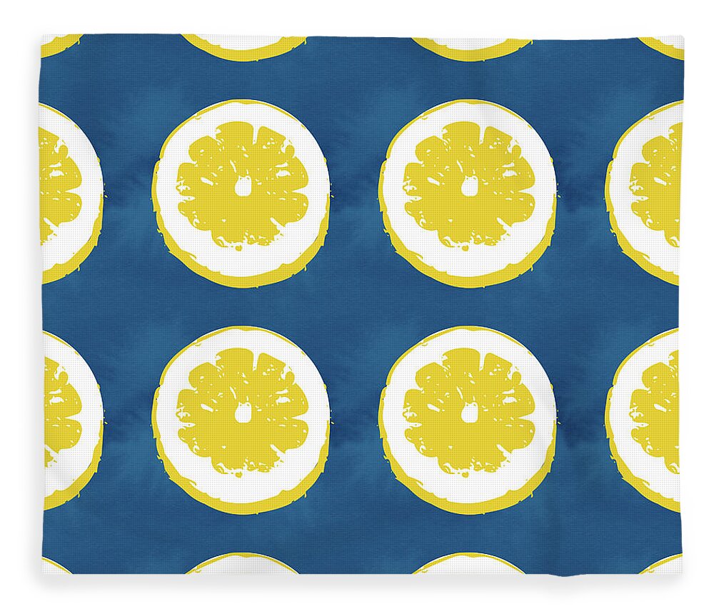 Lemons Fleece Blanket featuring the mixed media Sliced Lemons on Blue- Art by Linda Woods by Linda Woods