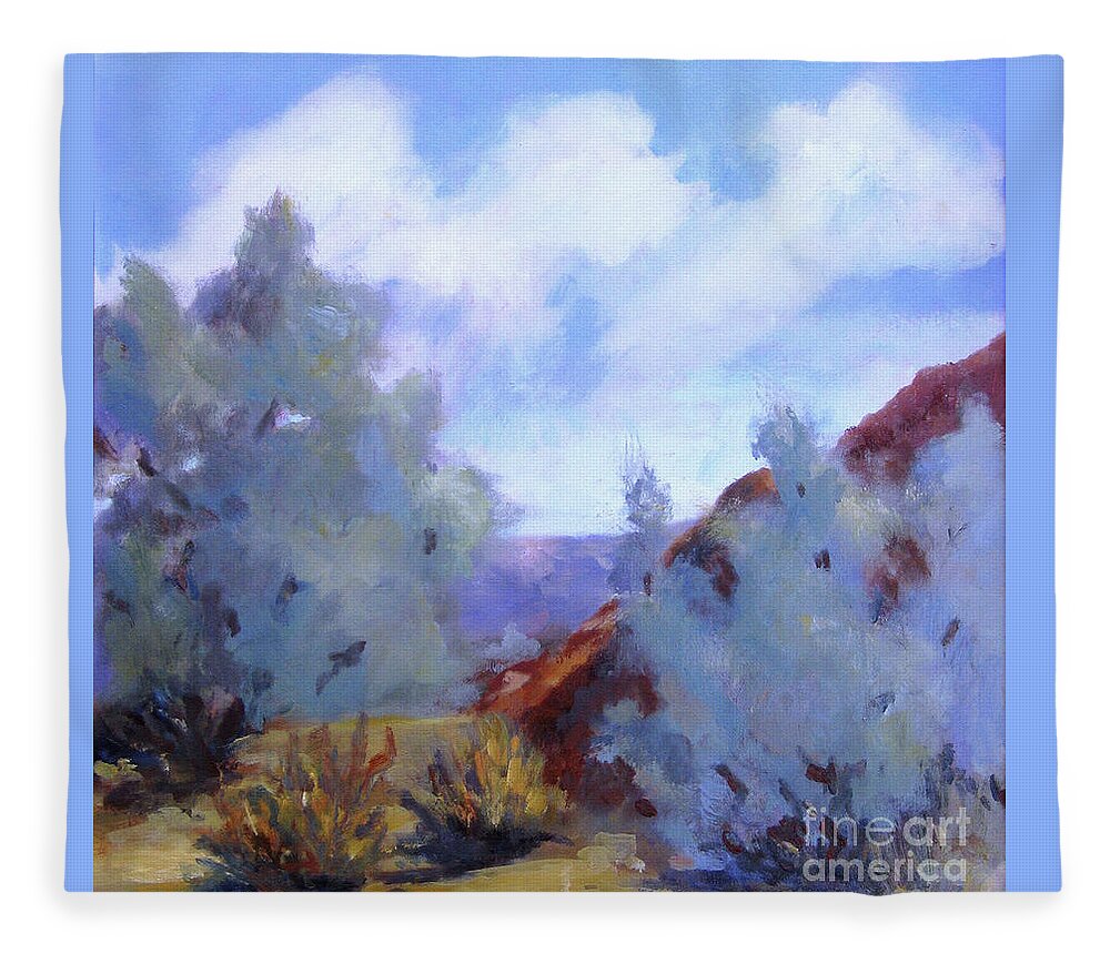 Landscape Fleece Blanket featuring the painting Smoke Trees in Bloom in Palm Desert by Maria Hunt