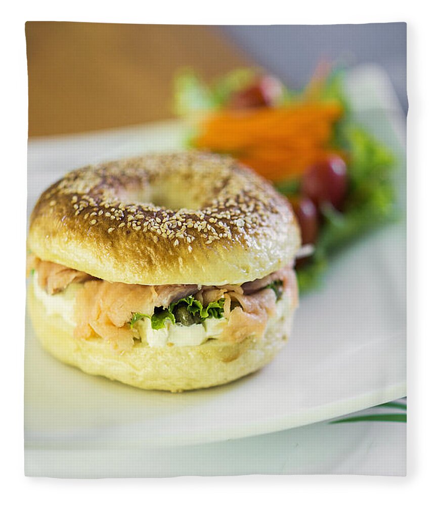Bagel Fleece Blanket featuring the photograph Smoked Salmon And Cream Cheese Bagel by JM Travel Photography