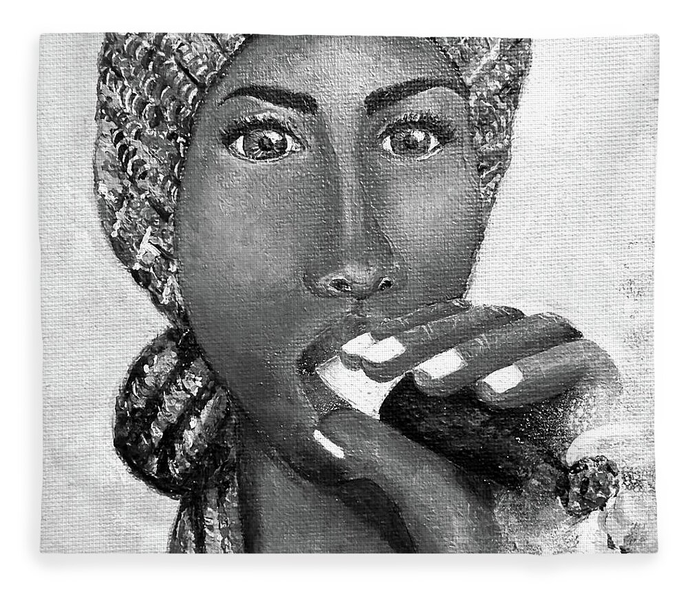 Cigar Fleece Blanket featuring the painting Smoking Lady by Jeannie Shaw