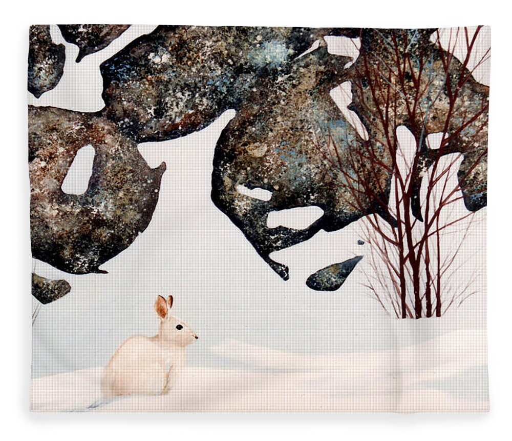 Wildlife Fleece Blanket featuring the painting Snow Ledges Rabbit by Frank Wilson
