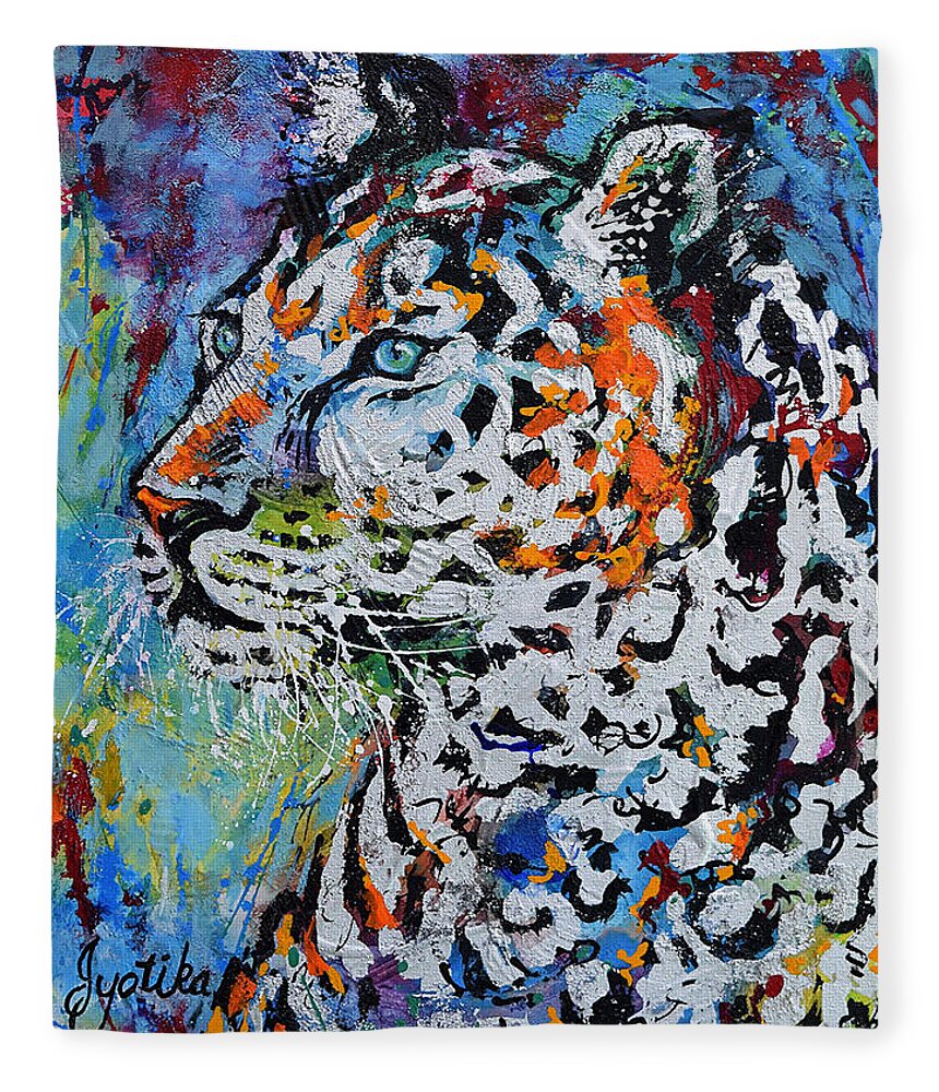 Leopard Fleece Blanket featuring the painting Snow Leopard by Jyotika Shroff