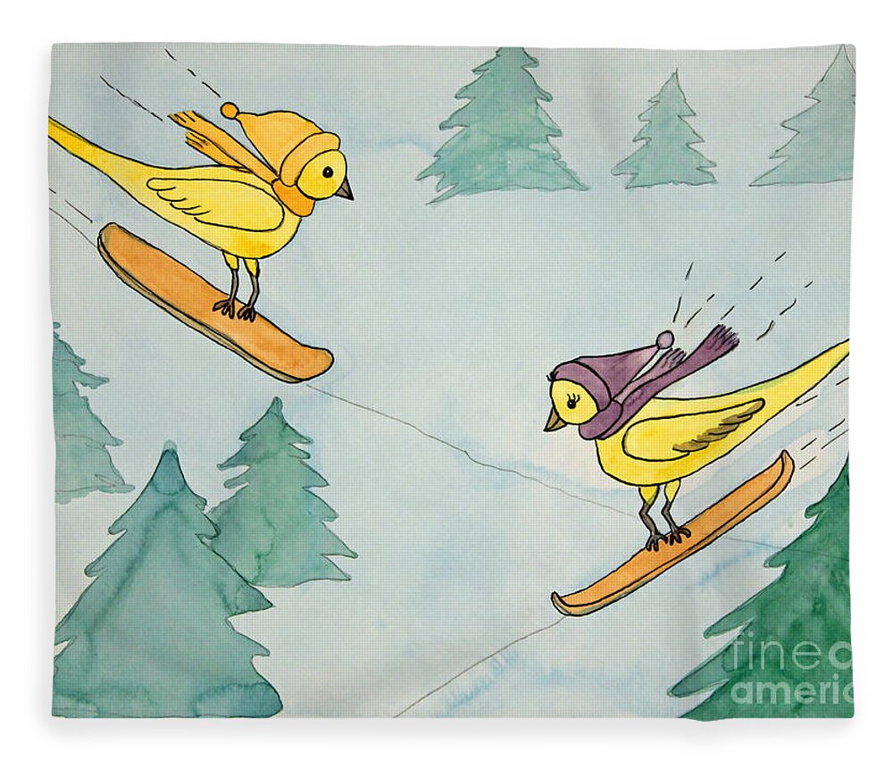 Snowboarding Fleece Blanket featuring the painting Snowboarding Birds by Norma Appleton