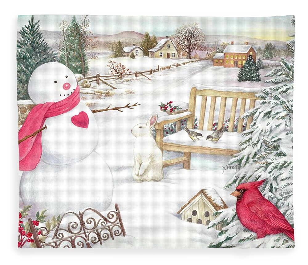 Winter Wonderland Fleece Blanket featuring the painting Snowman Cardinal in Winter Garden by Judith Cheng