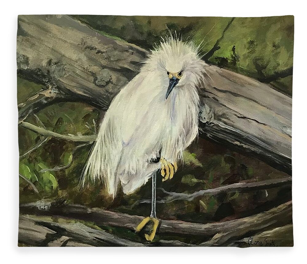 Landscape Fleece Blanket featuring the painting Snowy Egret by Gloria Smith