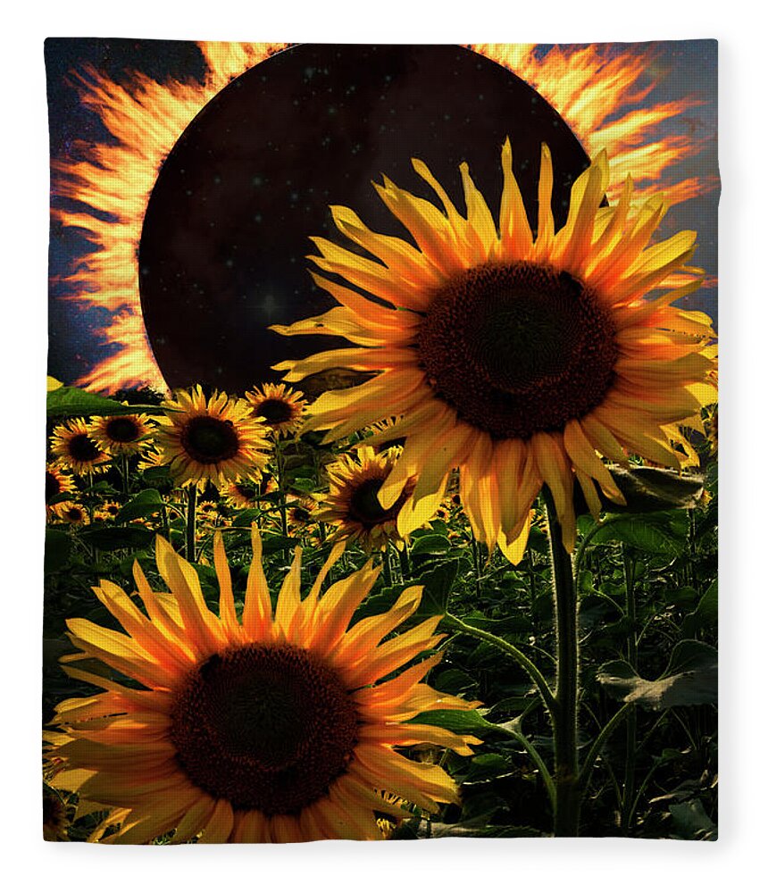 American Fleece Blanket featuring the photograph Solar Corona Over the Sunflowers by Debra and Dave Vanderlaan