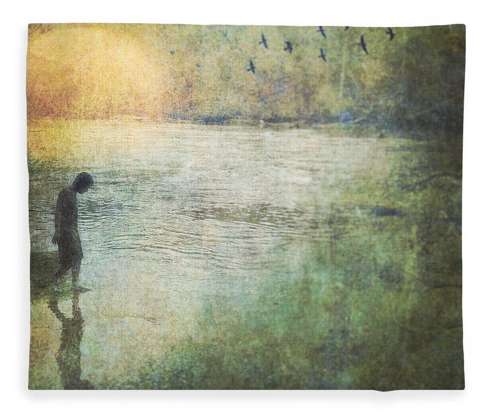 Digital Art Fleece Blanket featuring the digital art Solitary--walking In Water by Melissa D Johnston