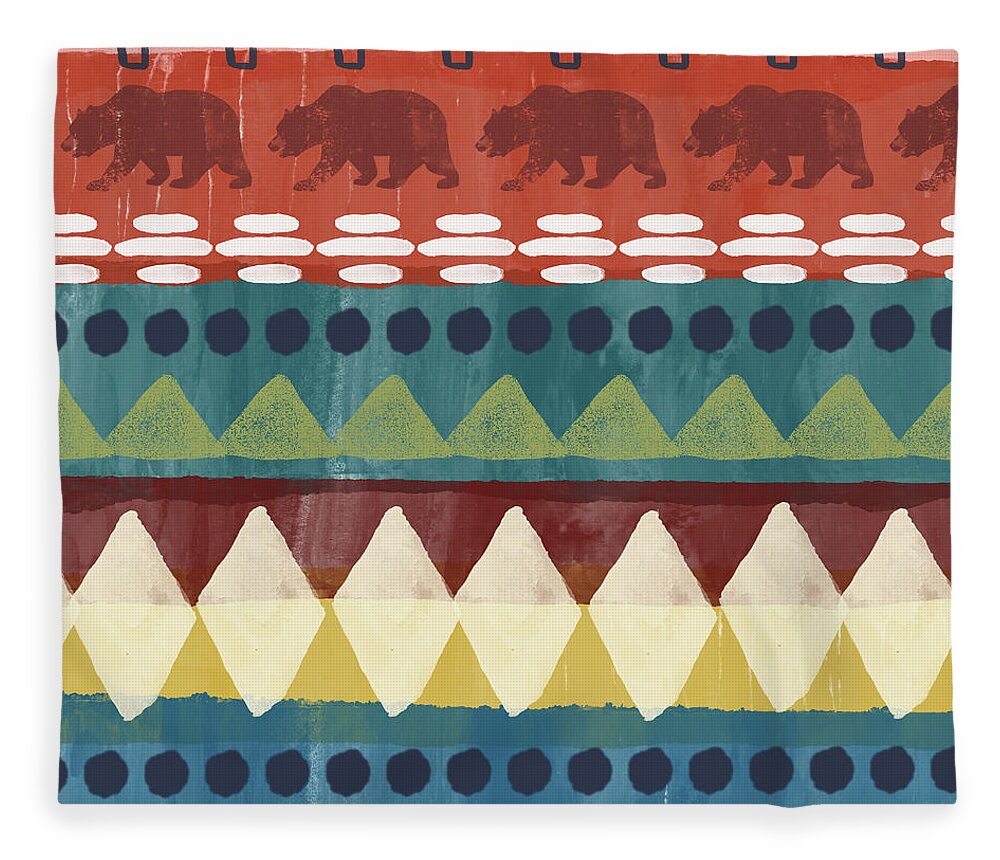 Southwest Fleece Blanket featuring the mixed media Southwest with Bears- Art by Linda Woods by Linda Woods