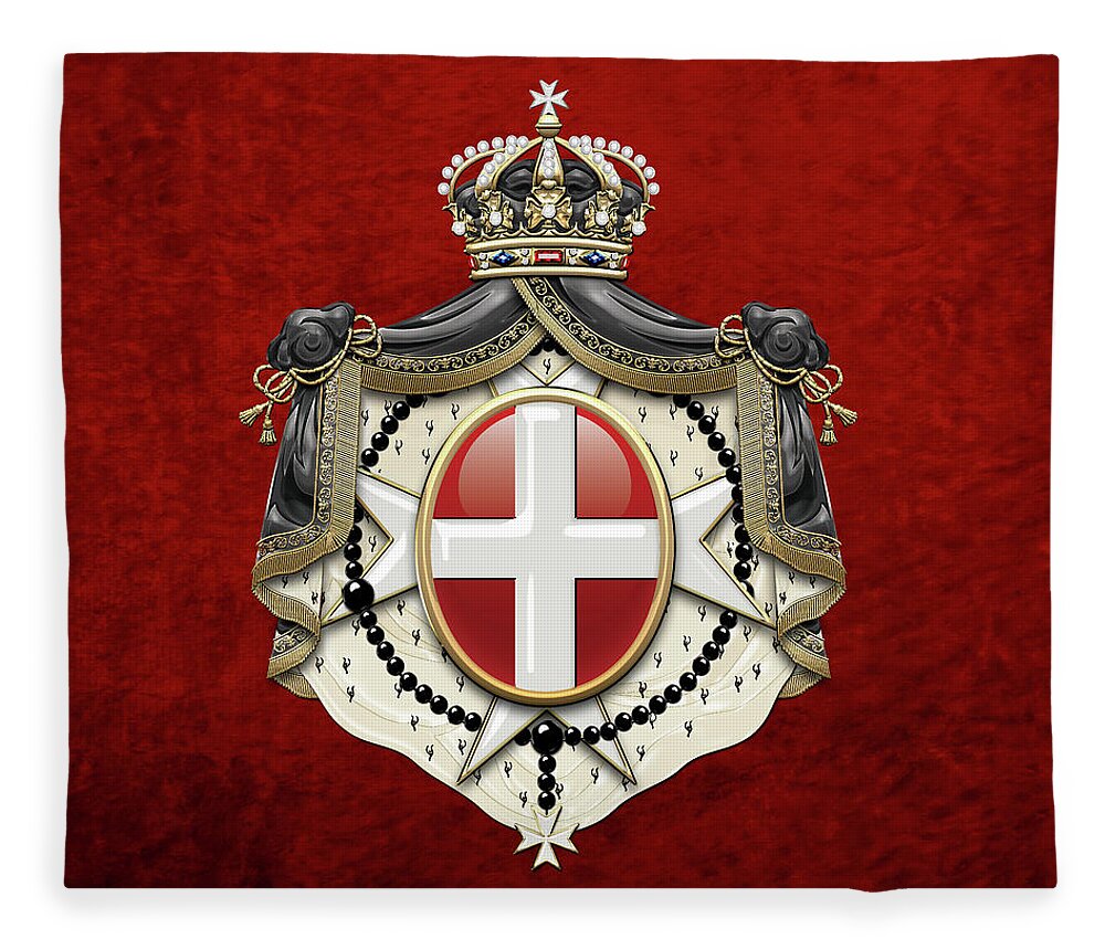 'ancient Brotherhoods' Collection By Serge Averbukh Fleece Blanket featuring the digital art Sovereign Military Order of Malta Coat of Arms over Red Velvet by Serge Averbukh
