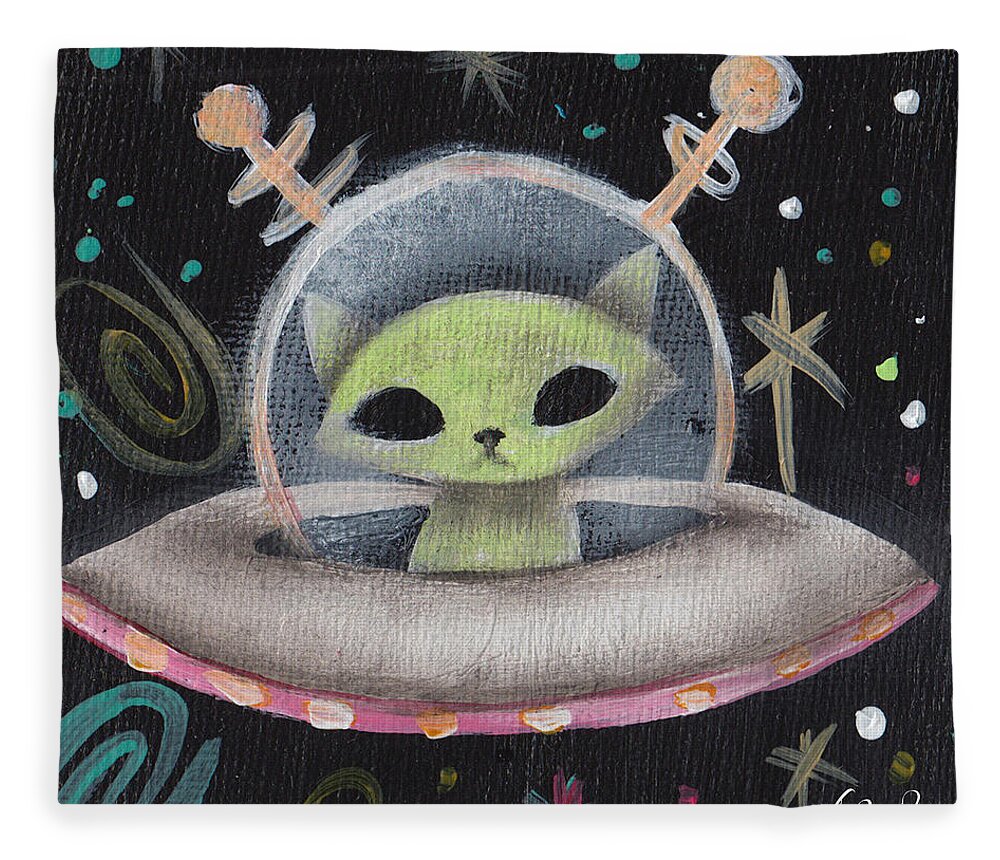 Mid Century Modern Fleece Blanket featuring the painting Space Ship Green Cat by Abril Andrade