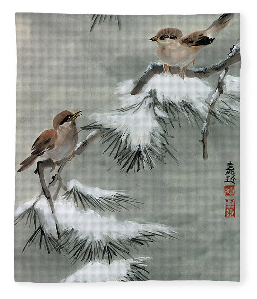 Snow Pine Fleece Blanket featuring the painting Sparrows on Snowy Pine by Charlene Fuhrman-Schulz