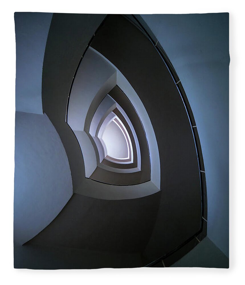 Architecture Fleece Blanket featuring the photograph Spiral modern staircase in blue tones by Jaroslaw Blaminsky