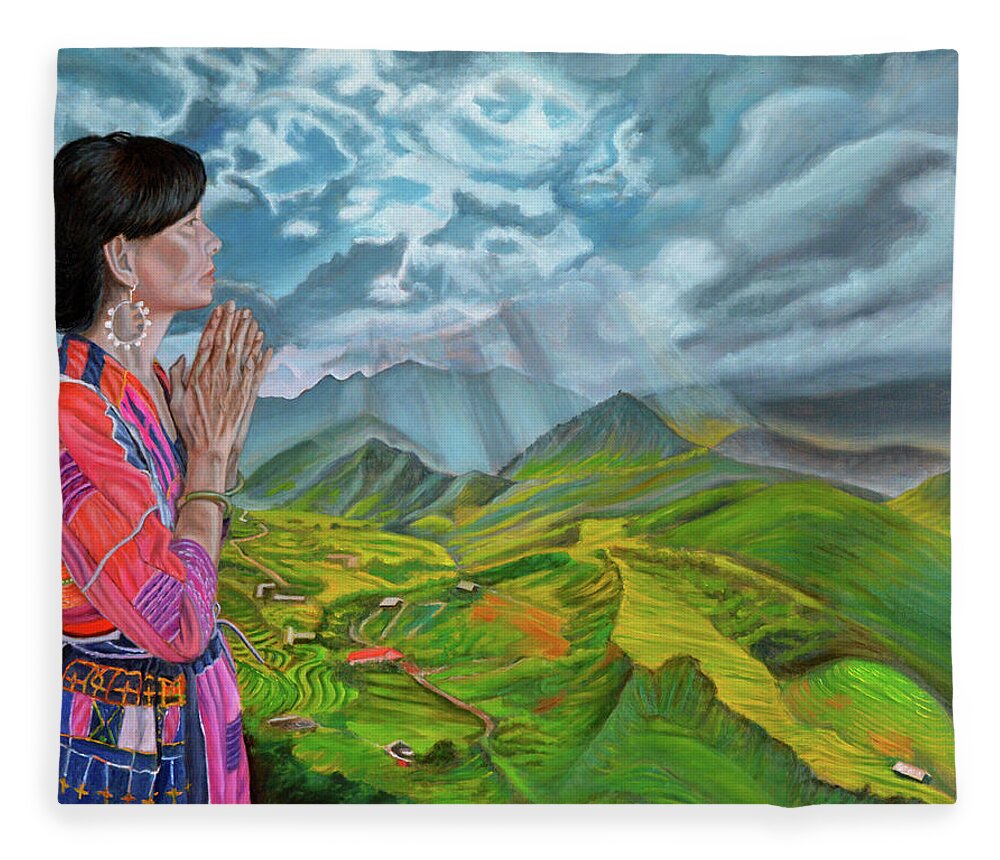 Hmong Woman Fleece Blanket featuring the painting Spirited Away by Thu Nguyen