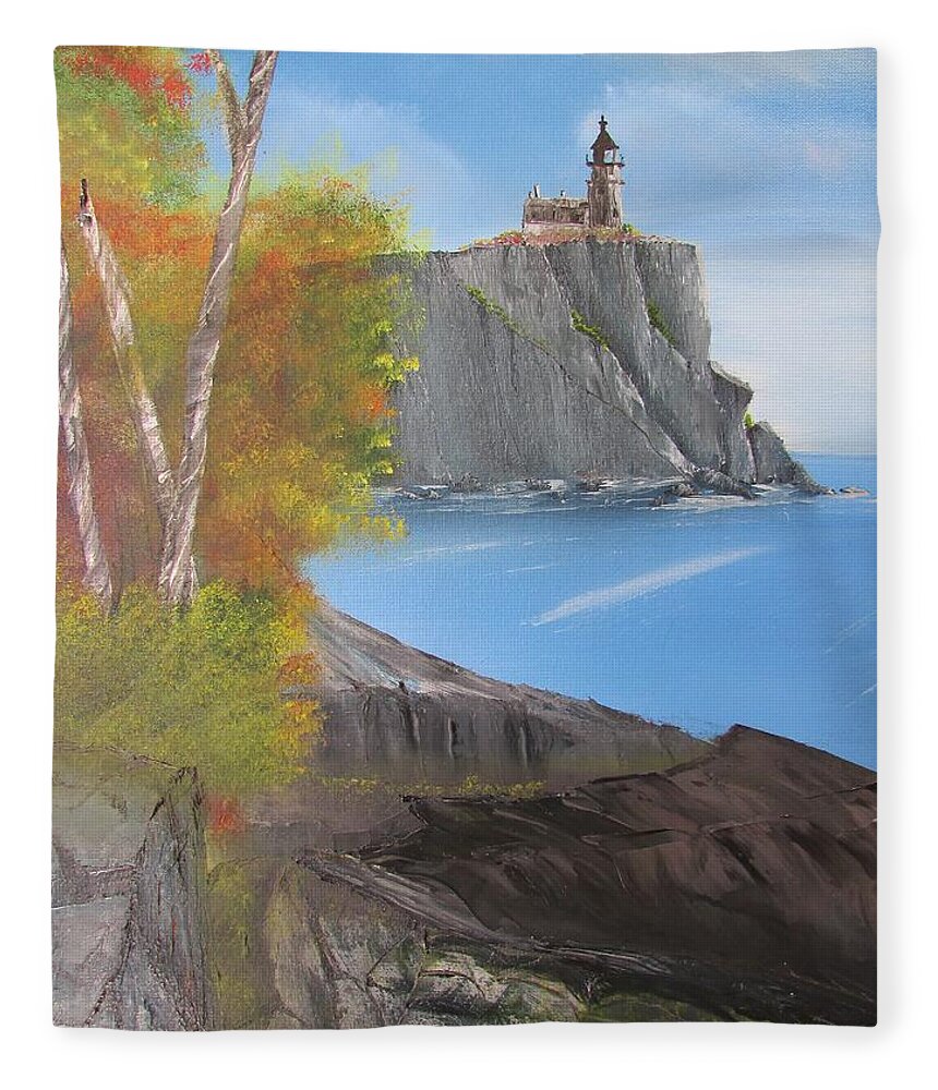 Light House Fleece Blanket featuring the painting Split Rock Lighthouse Minnesota by Thomas Janos