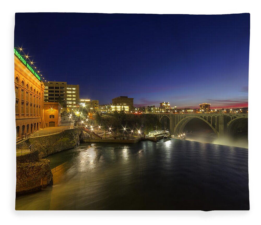 Water Fleece Blanket featuring the photograph Spokane Falls at Night by Mark Kiver