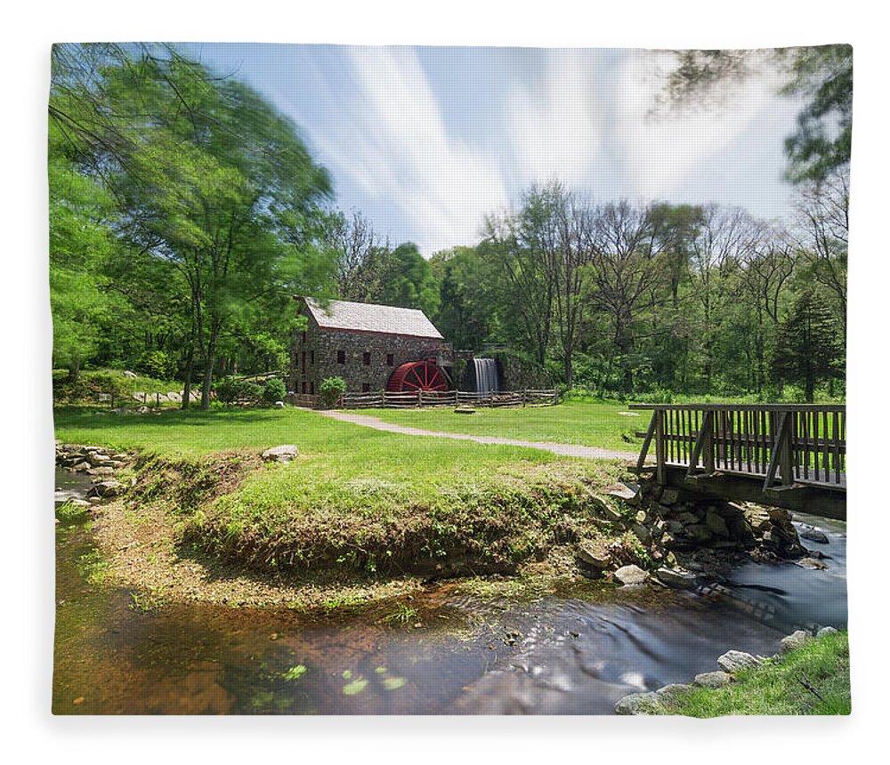 Sudbury Grist Mill Old Iconic Historic Landscape Water Waterwheel Wheel Falls Waterfall Bridge Over Water Stream River Brook Grass Trees Long Exposure Clouds Streaking Streak Nature Outside Outdoors Ma Mass Massachusetts U.s.a. Usa Brian Hale Brianhalephoto Stone Wall Building Architecture Fleece Blanket featuring the photograph Spring in Sudbury by Brian Hale