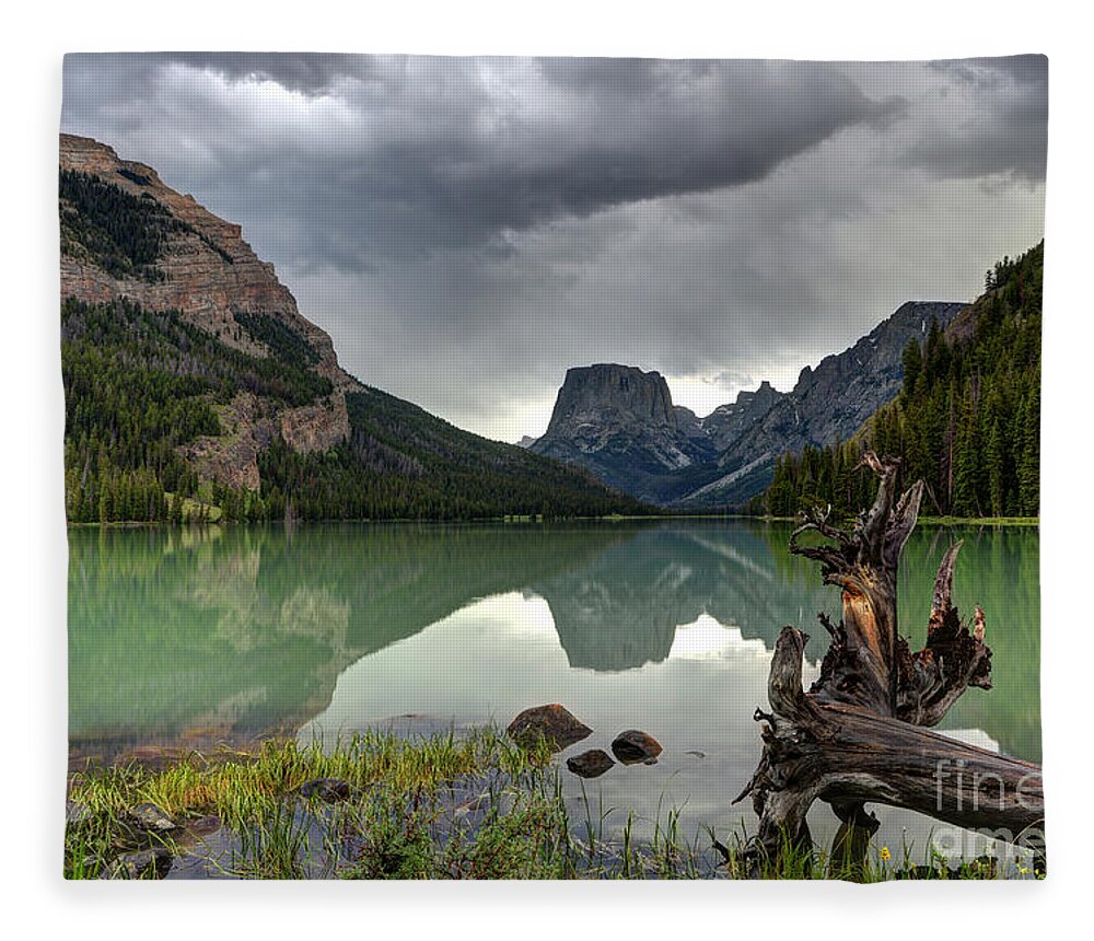 Wyoming Fleece Blanket featuring the photograph Squaretop Mountain Reflected in Upper Green River Lake during Thunderstorm by Gary Whitton
