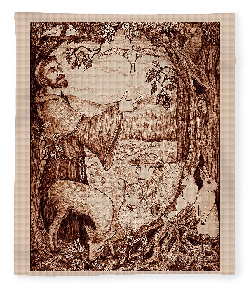 Figurative Fleece Blanket featuring the drawing St. Francis by Debra Hitchcock
