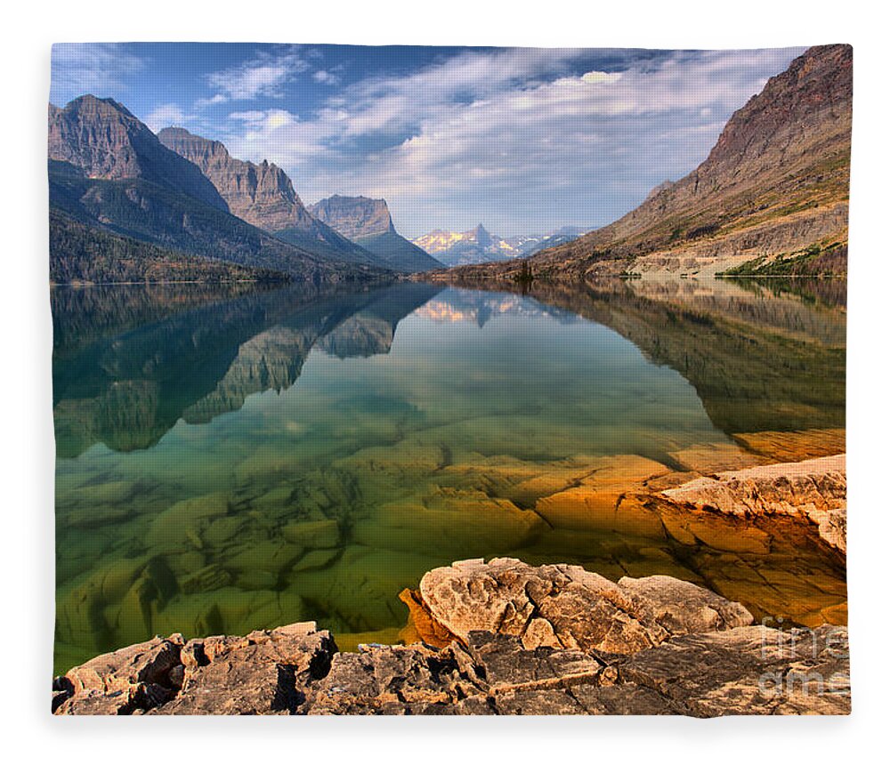 St Mary Lake Fleece Blanket featuring the photograph St Mary Emerald Green Waters by Adam Jewell