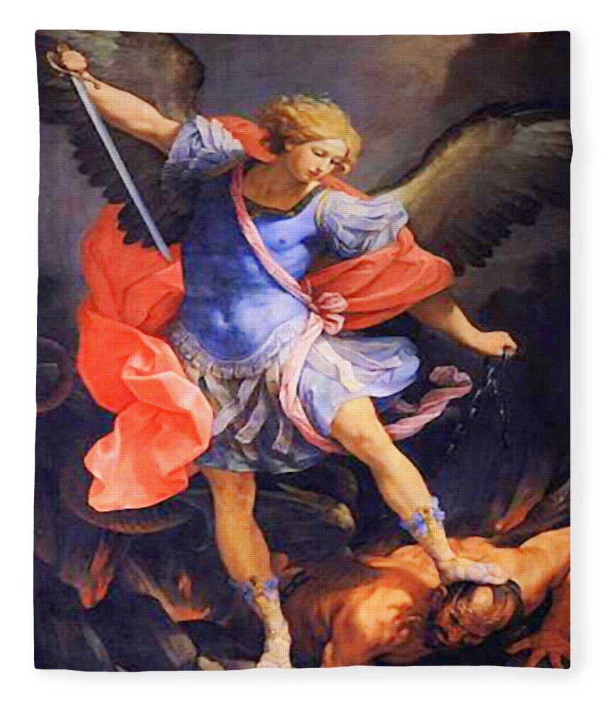 St Michael Fleece Blanket featuring the mixed media St Michael the Archangel Saint 101 by Guido Reni
