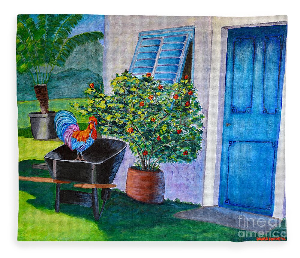 Rooster Fleece Blanket featuring the painting Standing Guard by Laura Forde