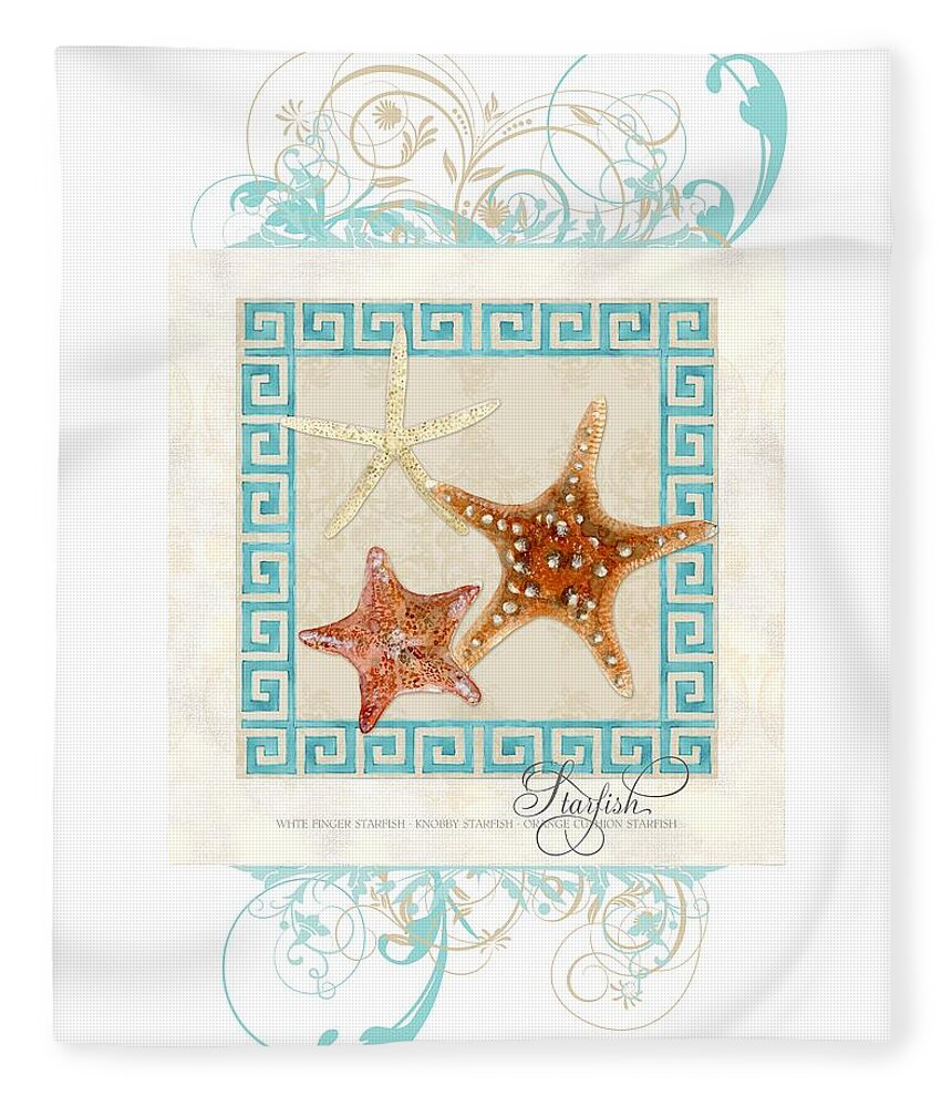 White Finger Starfish Fleece Blanket featuring the painting Starfish Greek Key Pattern w Swirls by Audrey Jeanne Roberts