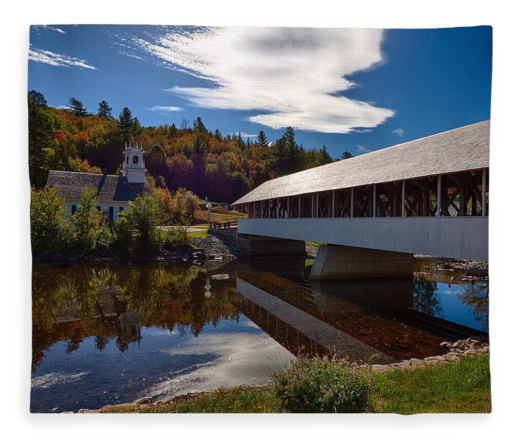 #jefffolger Fleece Blanket featuring the photograph Stark covered bridge and church by Jeff Folger