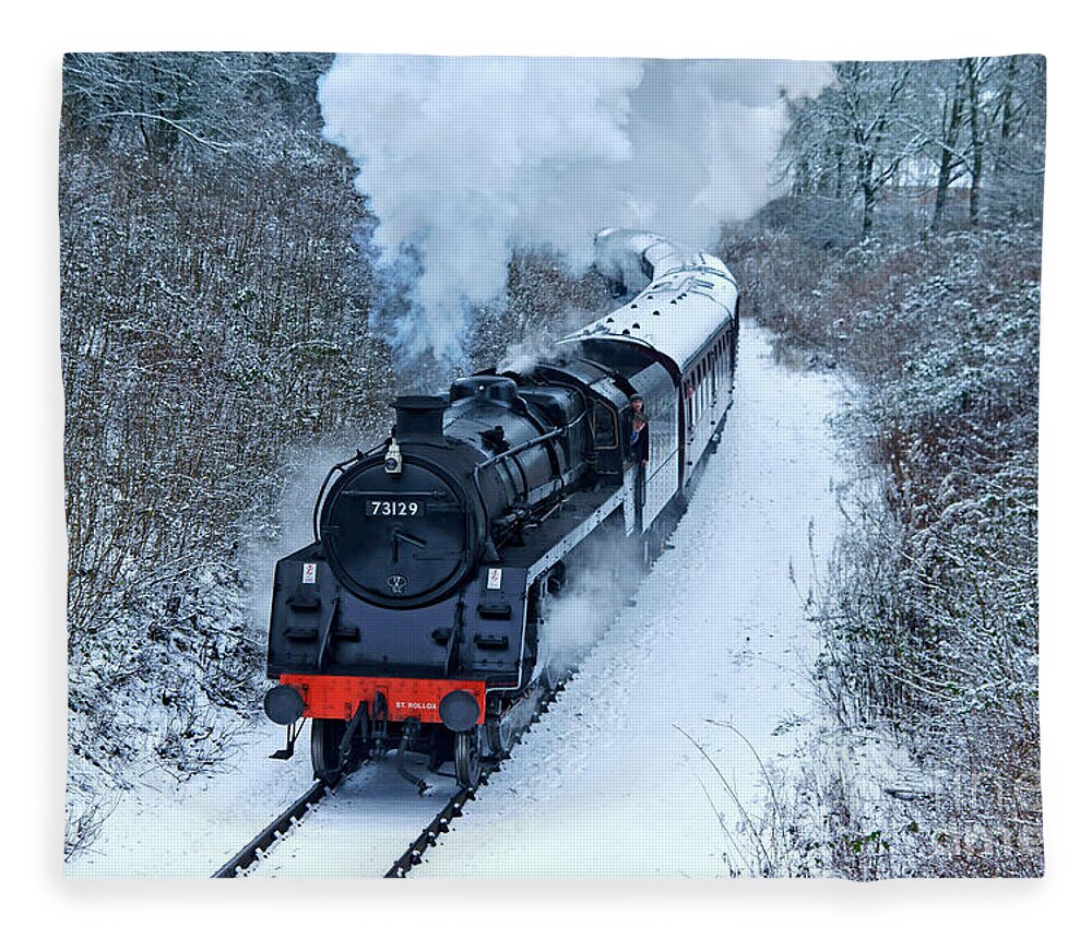 Steam Fleece Blanket featuring the photograph Steam Locomotive 73129 In Snow by David Birchall