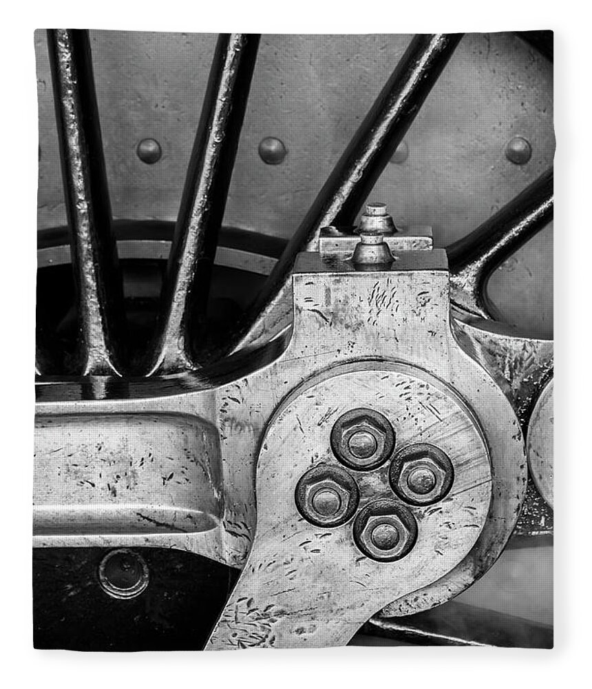 Vintage Fleece Blanket featuring the photograph Steam Engine Wheel BW by Rick Deacon