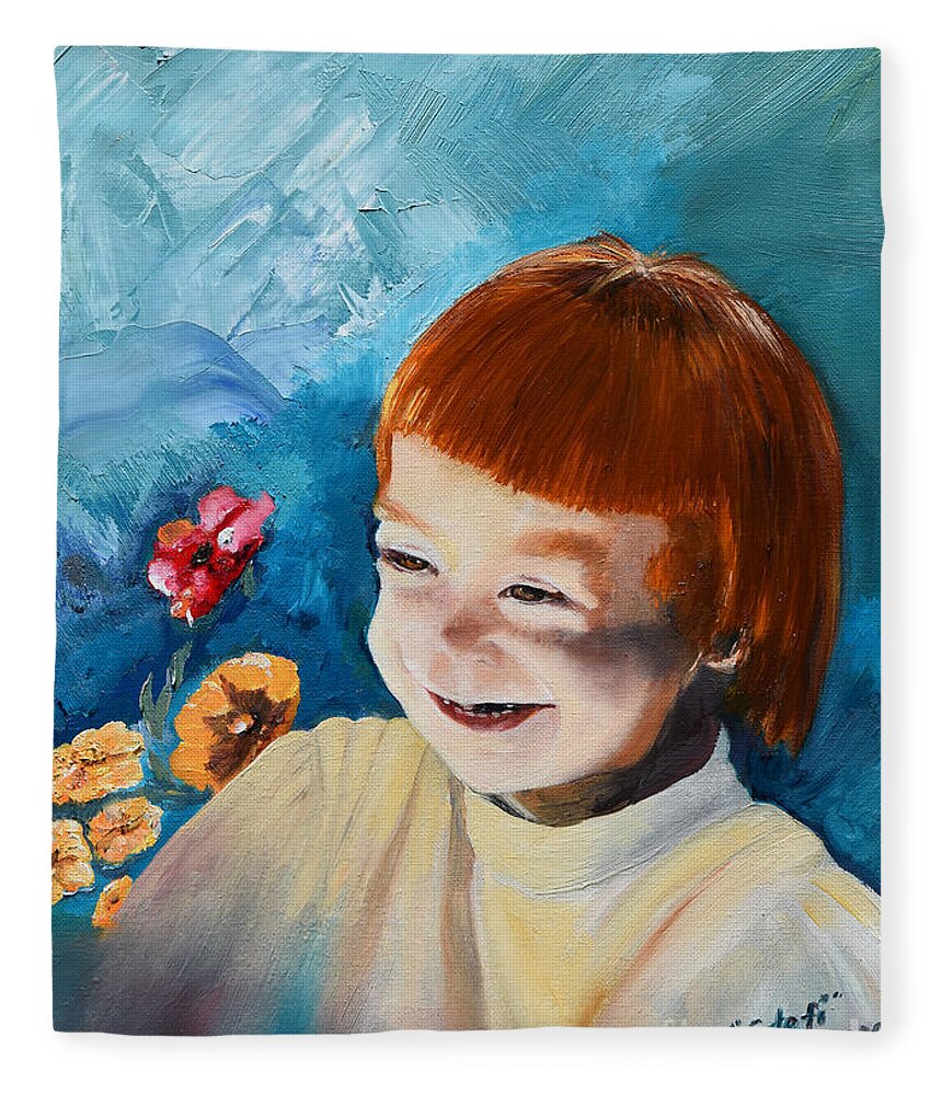 Daughter Fleece Blanket featuring the painting Stefi- My Trip to Holland - Red Headed Angel by Jan Dappen