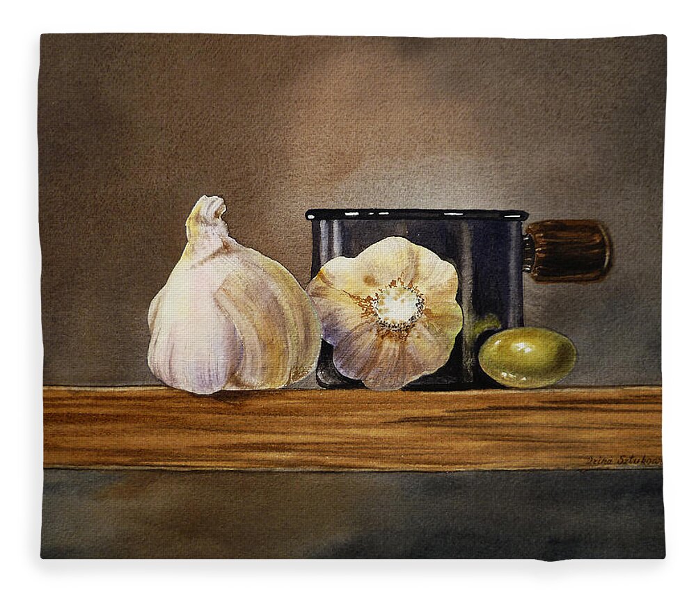 Garlic Fleece Blanket featuring the painting Still Life With Garlic and Olive by Irina Sztukowski