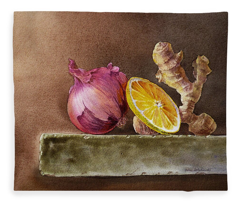 Onion Fleece Blanket featuring the painting Still Life With Onion Lemon And Ginger by Irina Sztukowski