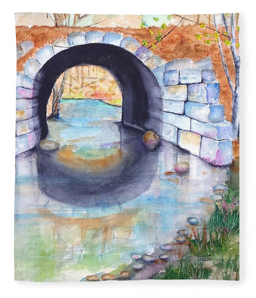 Stone Arch Bridge Fleece Blanket featuring the painting Stone Arch Bridge Dunstable by Carlin Blahnik CarlinArtWatercolor