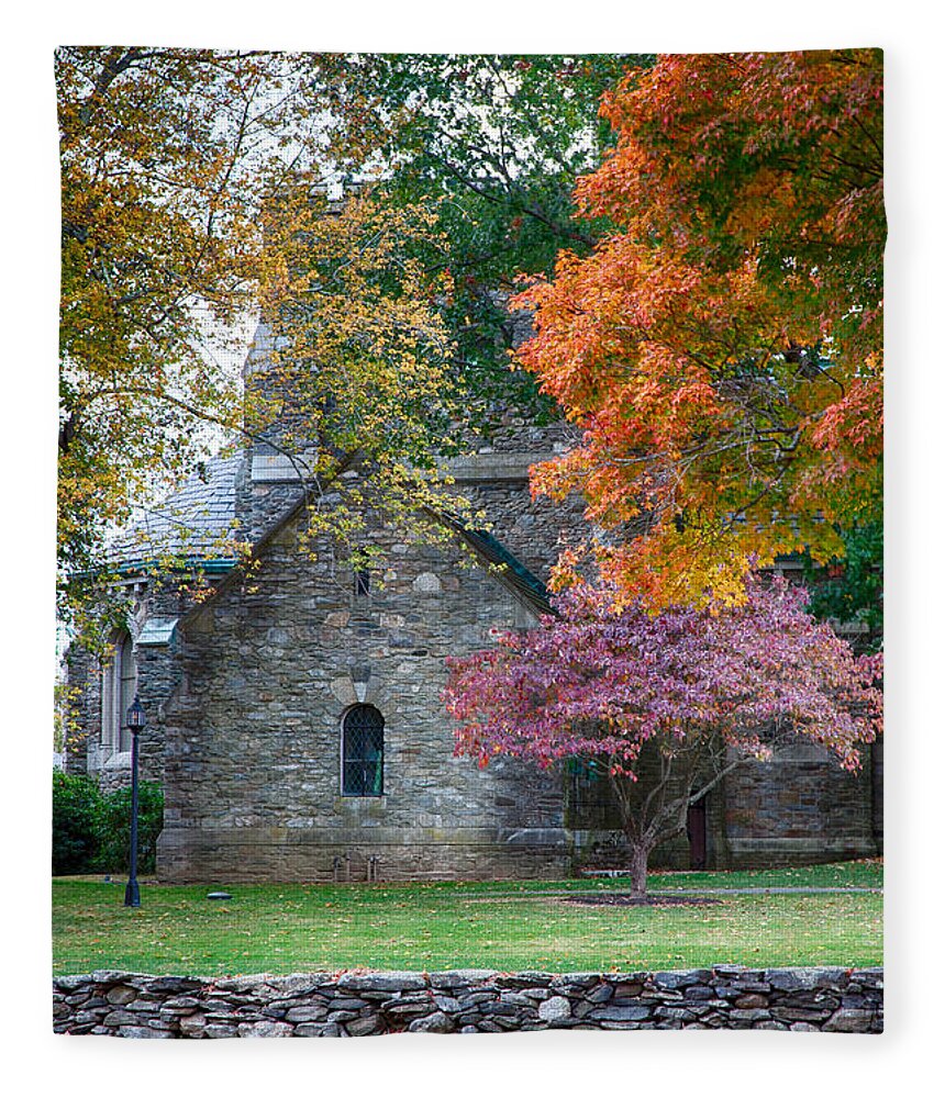 Pomfret Connecticut Fleece Blanket featuring the photograph Stone church in Pomfret CT in Autumn by Jeff Folger