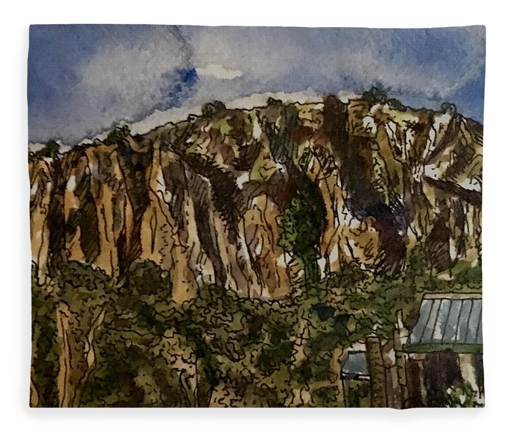 Landscape Fleece Blanket featuring the painting Store at Davis Mountain's Base by Angela Weddle