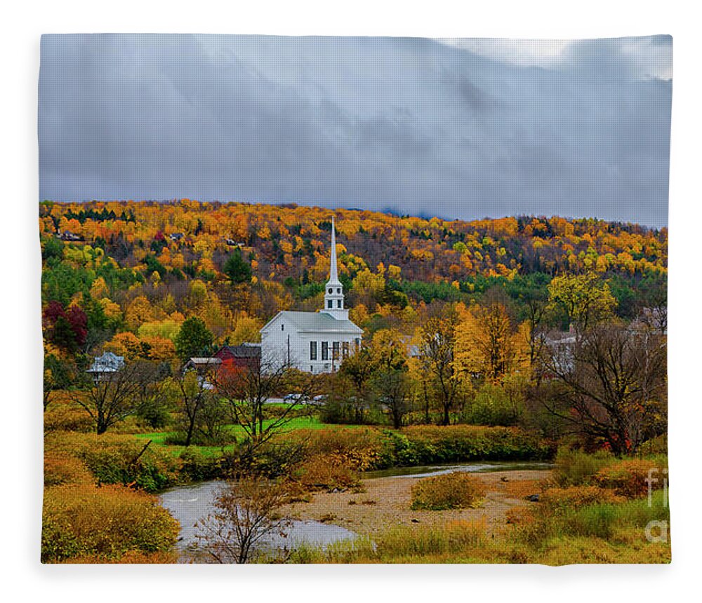 Fall Foliage Fleece Blanket featuring the photograph Stowe Community Church #3 by Scenic Vermont Photography