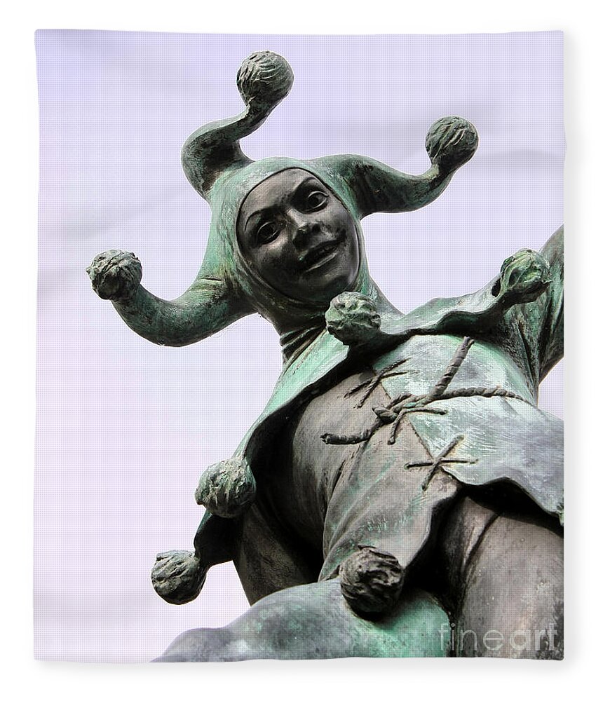 Jester Fleece Blanket featuring the photograph Stratford's Jester Statue by Terri Waters