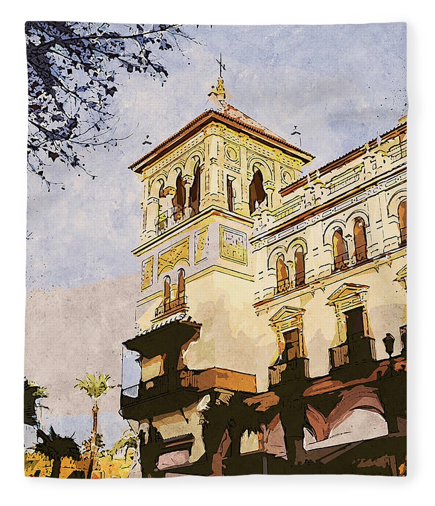 Sevilla Fleece Blanket featuring the painting Streets of Seville, Spain - 01 by AM FineArtPrints