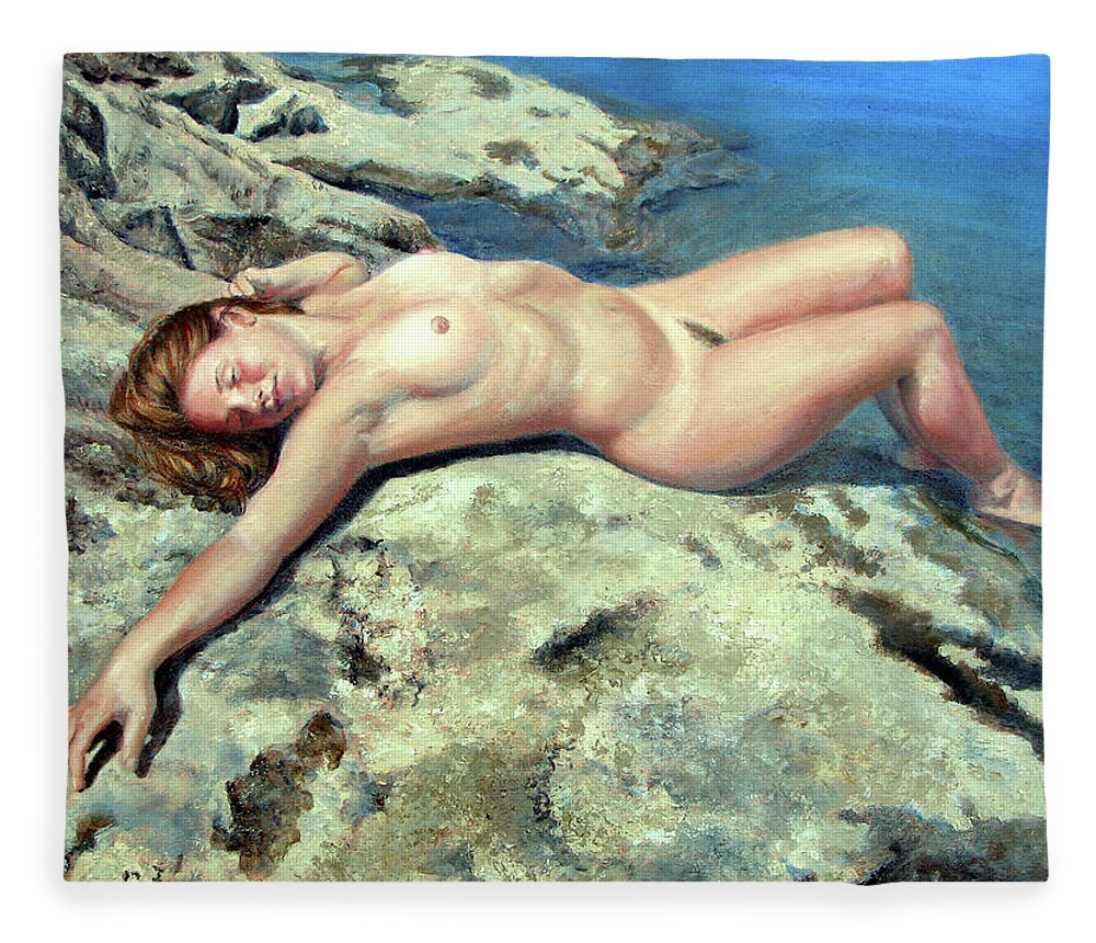 Nude Woman Fleece Blanket featuring the painting Stretch on Rock Ledge by Marie Witte
