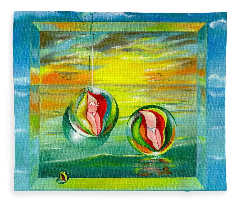 Surrealism Fleece Blanket featuring the painting Strollin Miami Beach at Sunset by Roger Calle