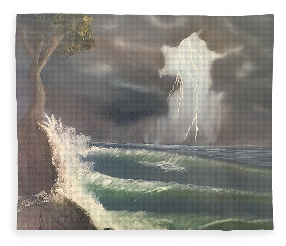Seascape Fleece Blanket featuring the painting Strong Against The Storm by Thomas Janos