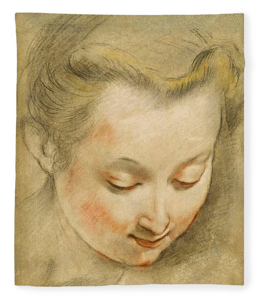 Federico Barocci Fleece Blanket featuring the drawing Study of the Head of a Young Woman looking down to the Right by Federico Barocci