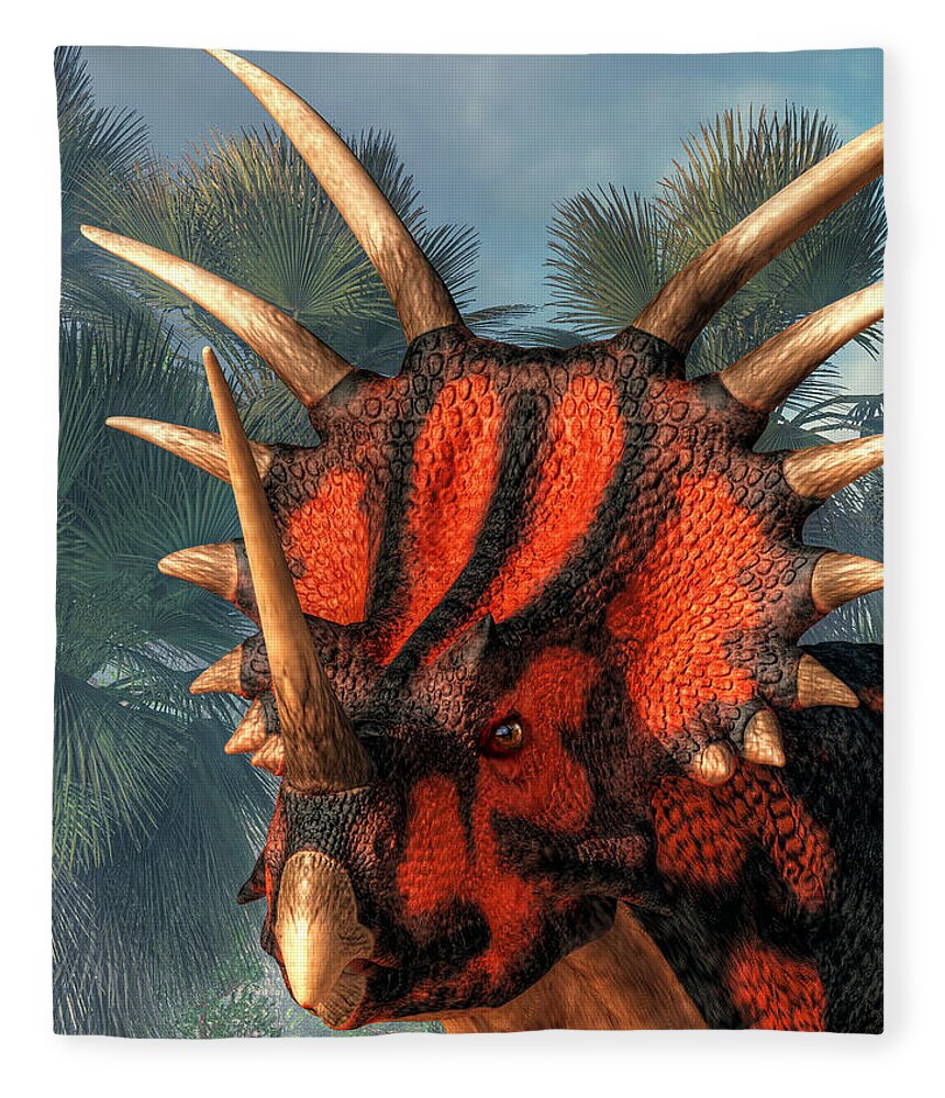 Styracosaurus Fleece Blanket featuring the digital art Styracosaurus Head by Daniel Eskridge