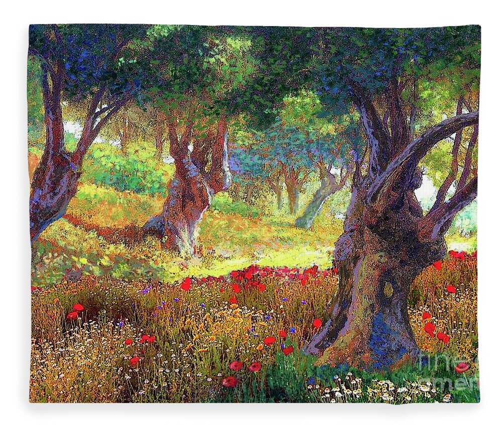 Landscape Fleece Blanket featuring the painting Poppies and Olive Trees by Jane Small