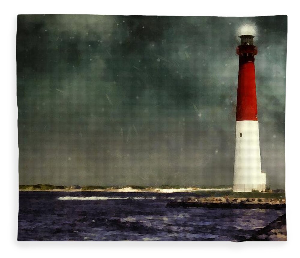 Lighthouse Fleece Blanket featuring the painting Summer Night at the Shore by RC DeWinter