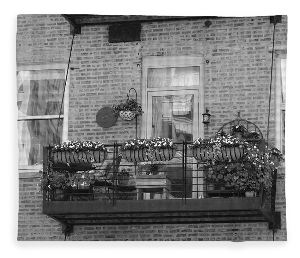Summer Balcony on Old Brick Building in B/W on Fleece Blanket 