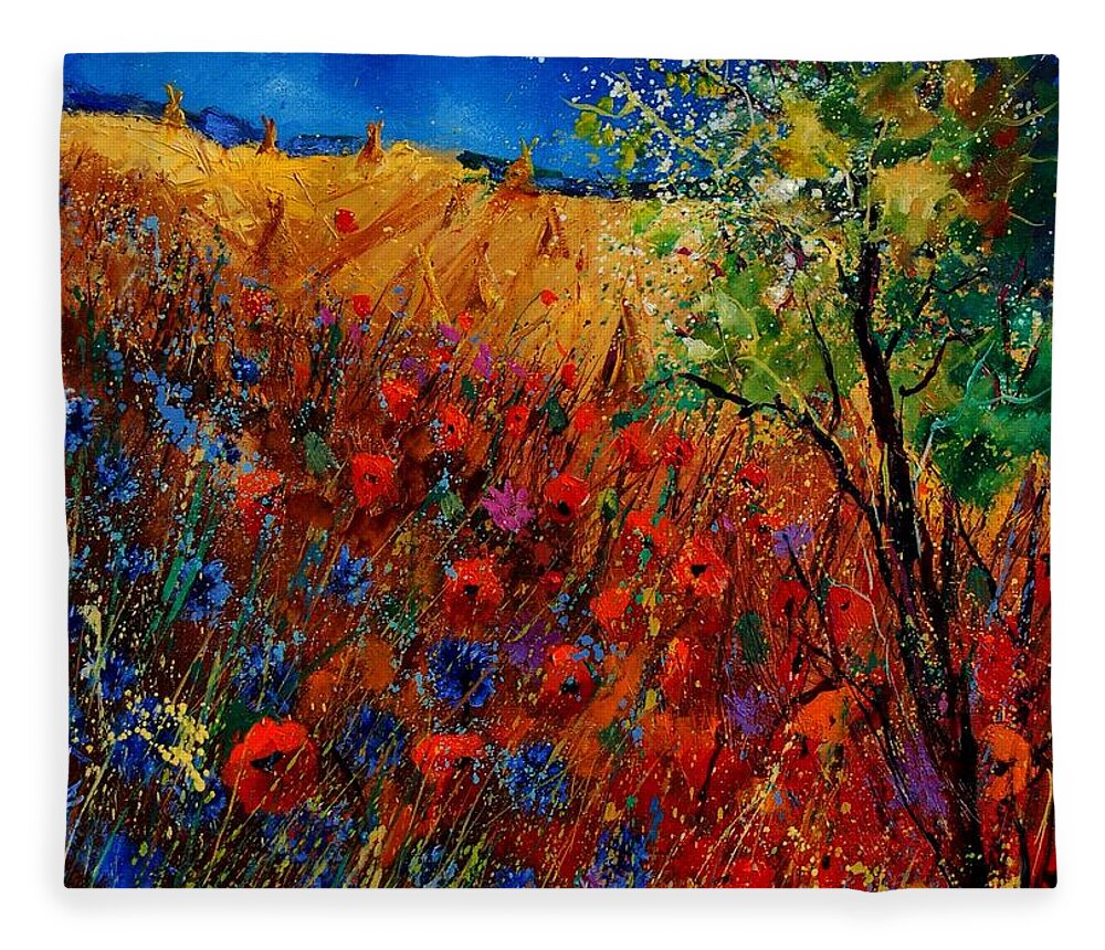 Flowers Fleece Blanket featuring the painting Summer landscape with poppies by Pol Ledent