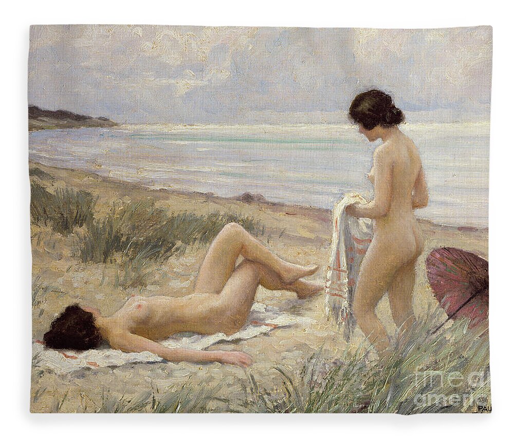 Summer On The Beach Fleece Blanket featuring the painting Summer on the Beach by Paul Fischer