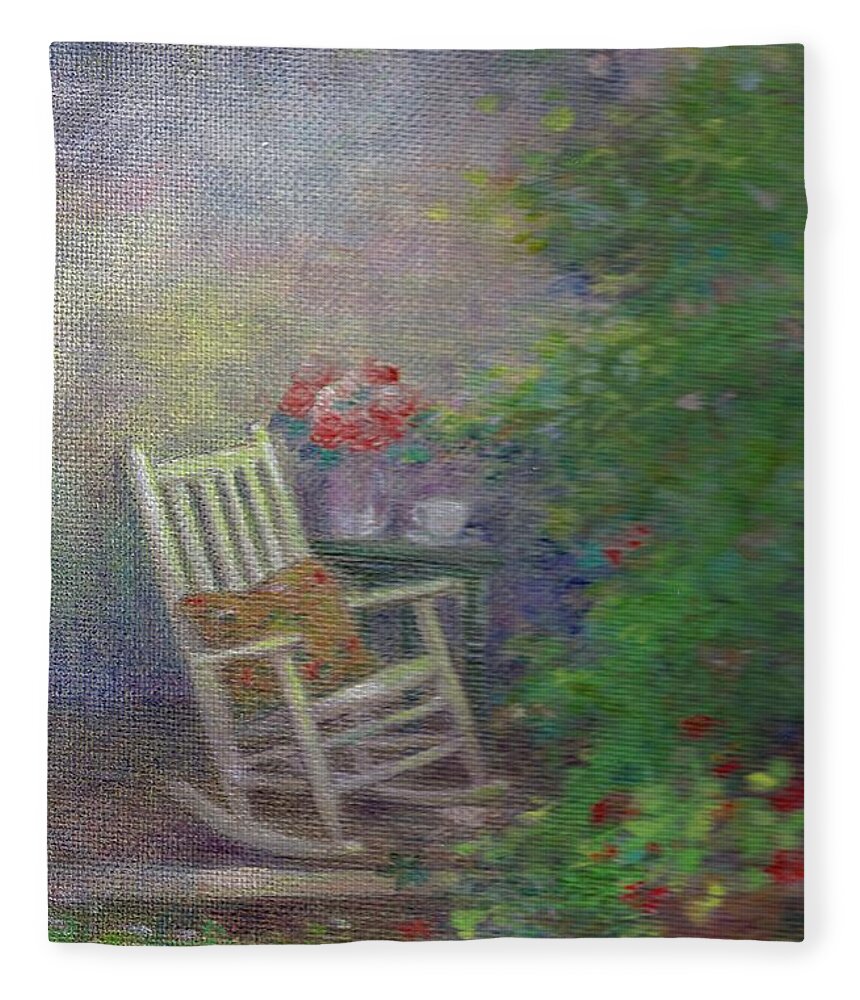 Illustrated Summer Porch Fleece Blanket featuring the painting Summer Porch and Rocker by Judith Cheng
