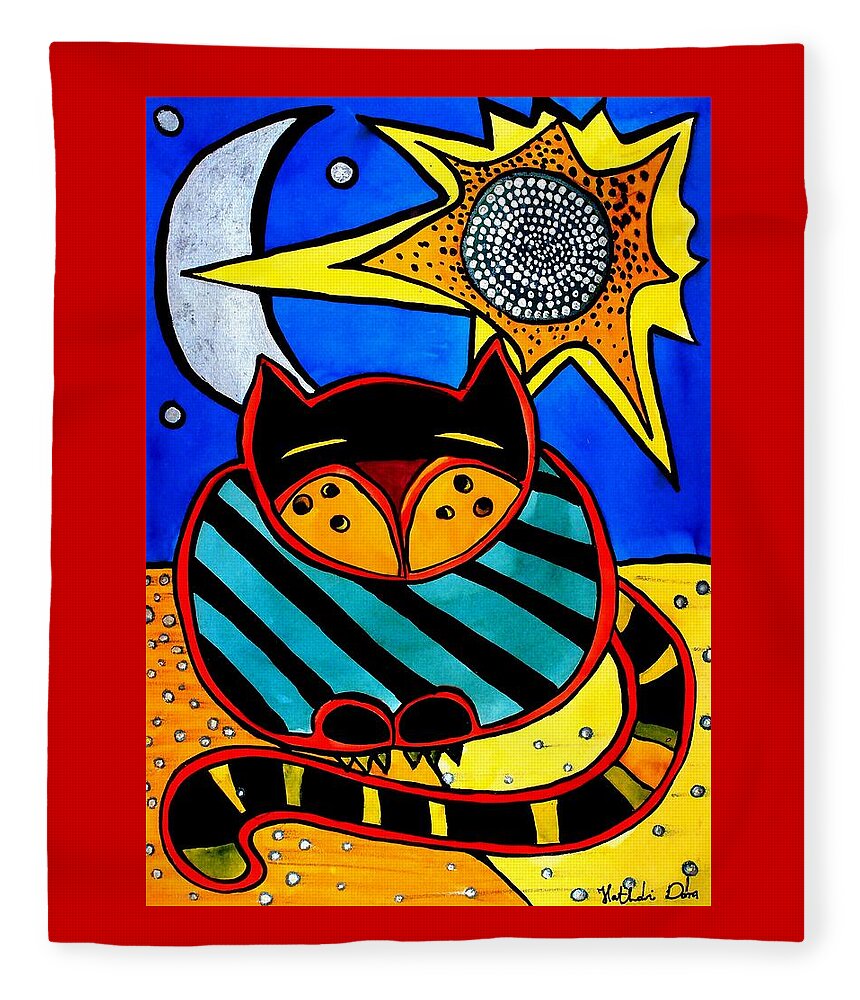 For Kids Fleece Blanket featuring the painting Sun and Moon - Honourable Cat - Art by Dora Hathazi Mendes by Dora Hathazi Mendes